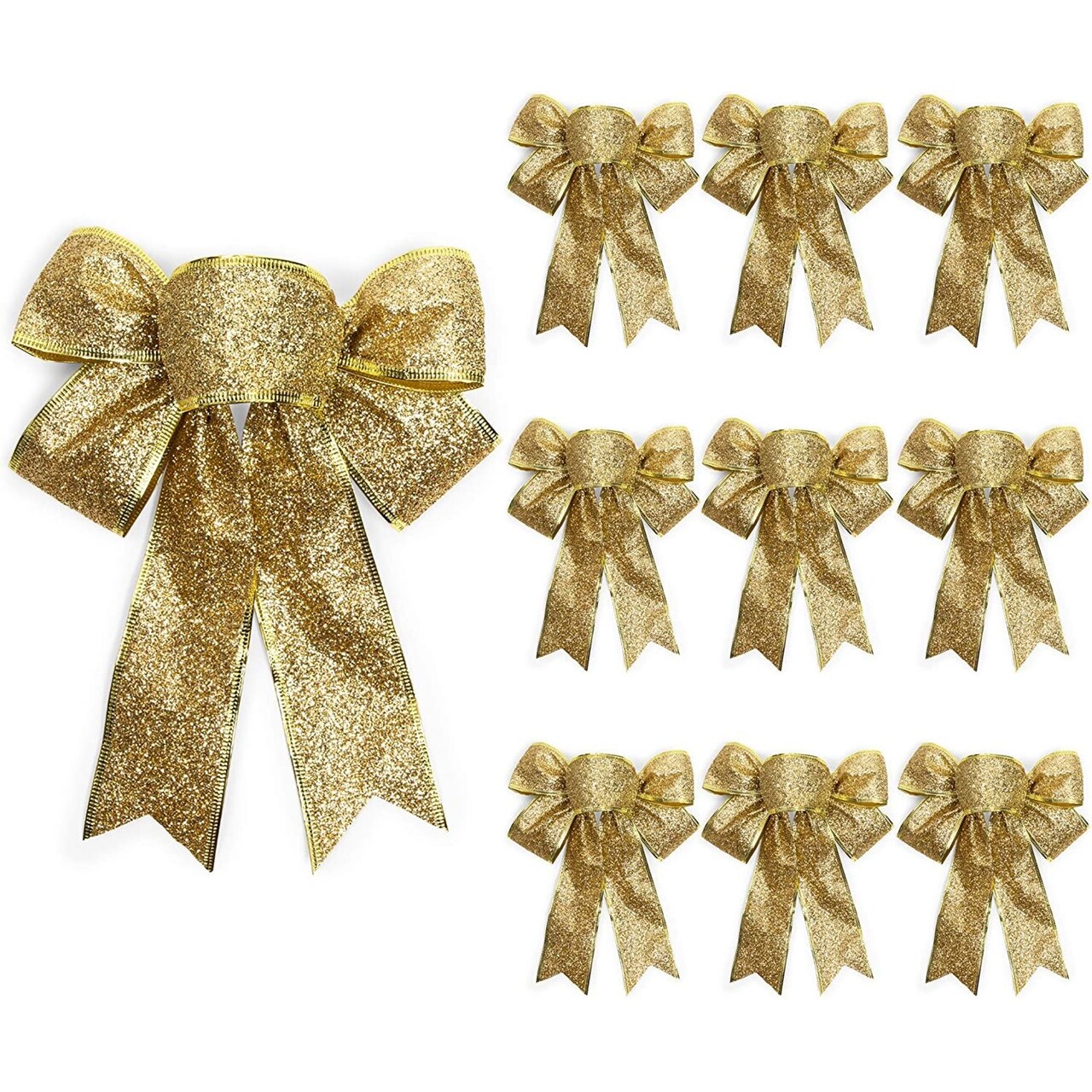 Bright Creations 10 Pack Gold Glitter Wreath Bows for Christmas Outdoor Decor, Organza Twist Tie Ribbons for Crafts, Xmas Gift Wrapping, Gold Bows Holiday Present Decorations Crafts, 7x9 in